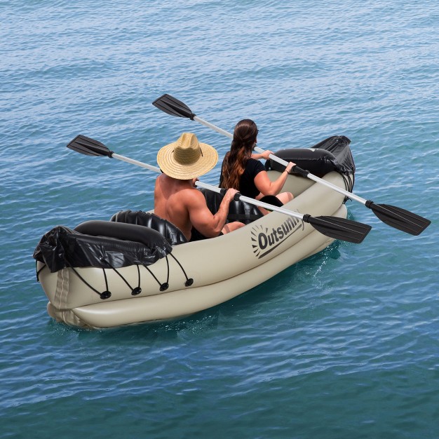 Outsunny Inflatable Kayak 2 person Inflatable Boat Canoe Set With Sit Top Air Pump Aluminum Oars For Fishing Beige