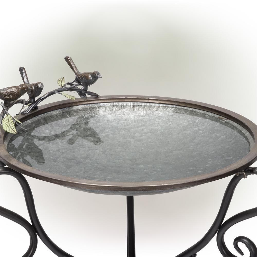 Alpine Corporation 36 in. Tall Outdoor Antique Style Galvanized Metal Birdbath Bowl with Bird Figurines ORS684