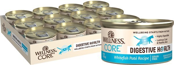 Wellness CORE Digestive Health Whitefish Pate Recipe Grain-Free Wet Cat Food， 3-oz， case of 12