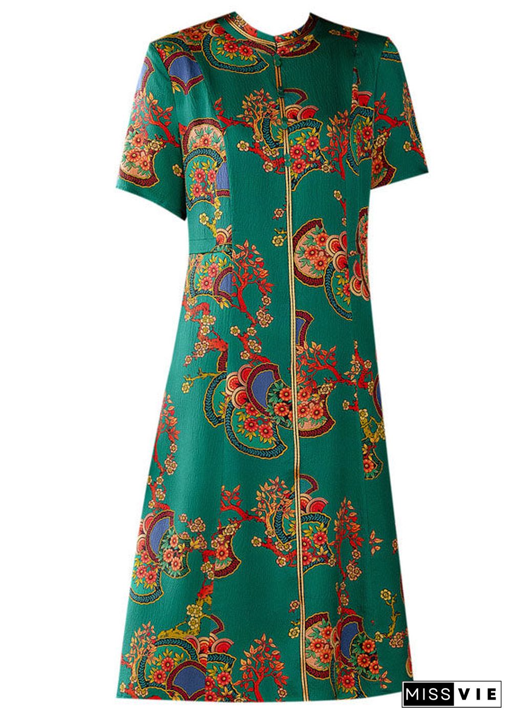 Fitted Green Stand Collar Print Silk Long Dresses Short Sleeve