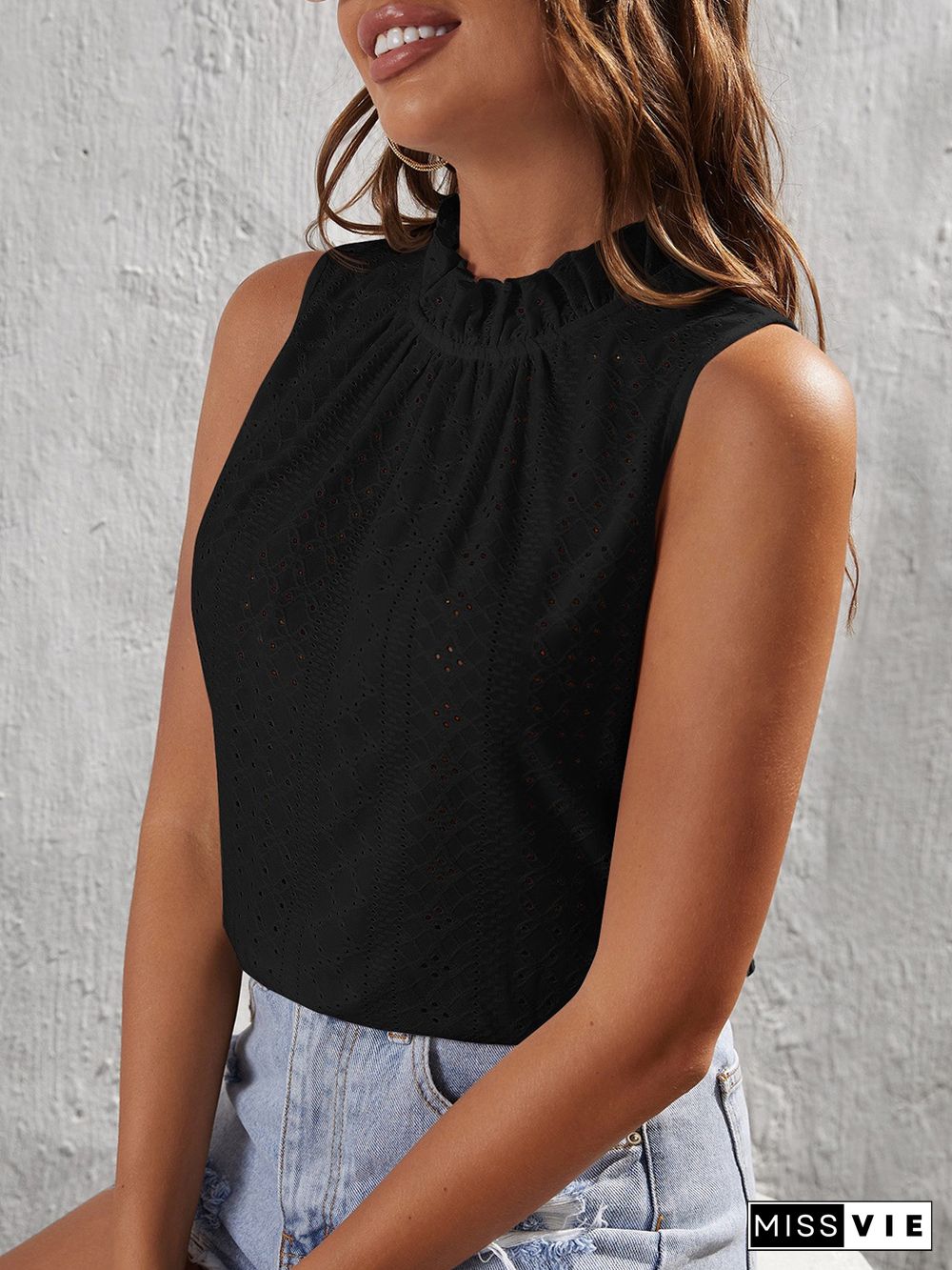 Eyelet Pattern Frill Collar Sleeves Tank Top