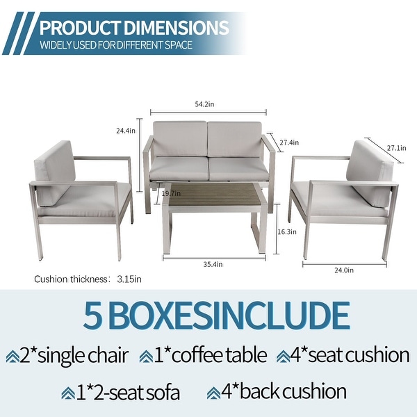 4Piece Aluminum Patio Conversation Set with Gray Cushions