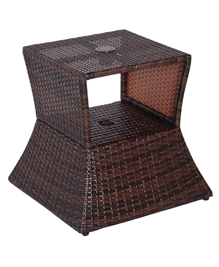 Outsunny Rattan Wicker Side Table with Umbrella Hole 2 Tier Storage Shelf for All Weather for Outdoor Patio Garden Backyard Mixed Brown