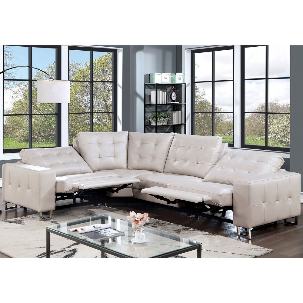 Crio Contemporary Beige Faux Leather Biscuit Tufting Power Reclining Sectional with USB Port by Furniture of America