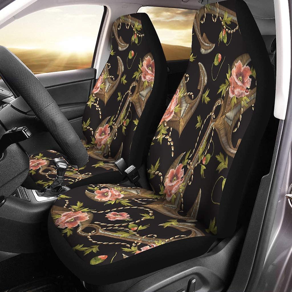 Set Of 2 Car Seat Covers Embroidery Colorful Sailor Roses Anchors Universal Auto Front Seats Protector Fits For Car，suv Sedan，truck