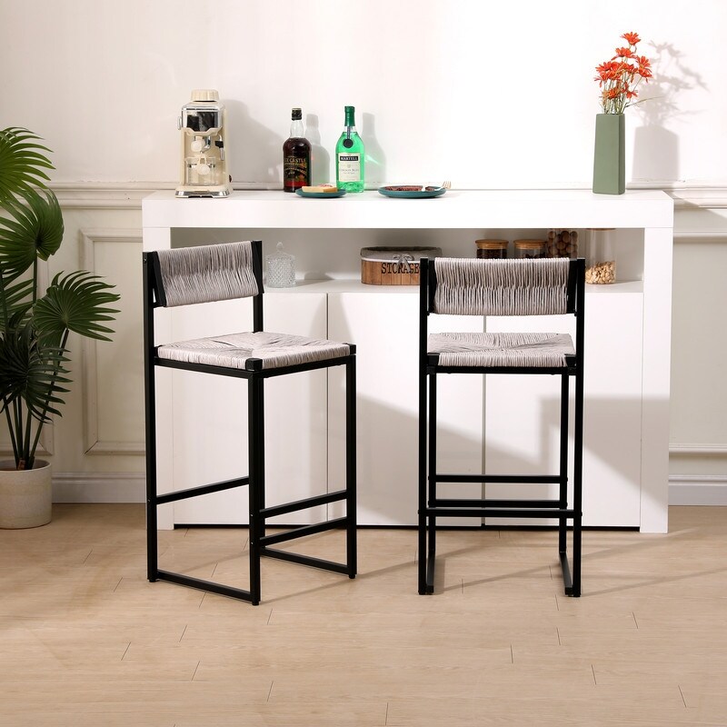 Paper Rope Weave Bar Stools Set of 2 with Back for Bar   Counter