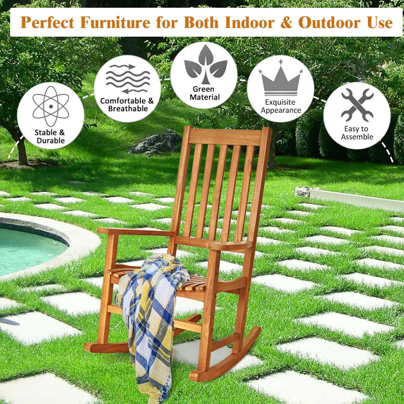 2 Pcs Acacia Wood Rocking Chairs High Back Outdoor Rocker for Porch Patio Lawn