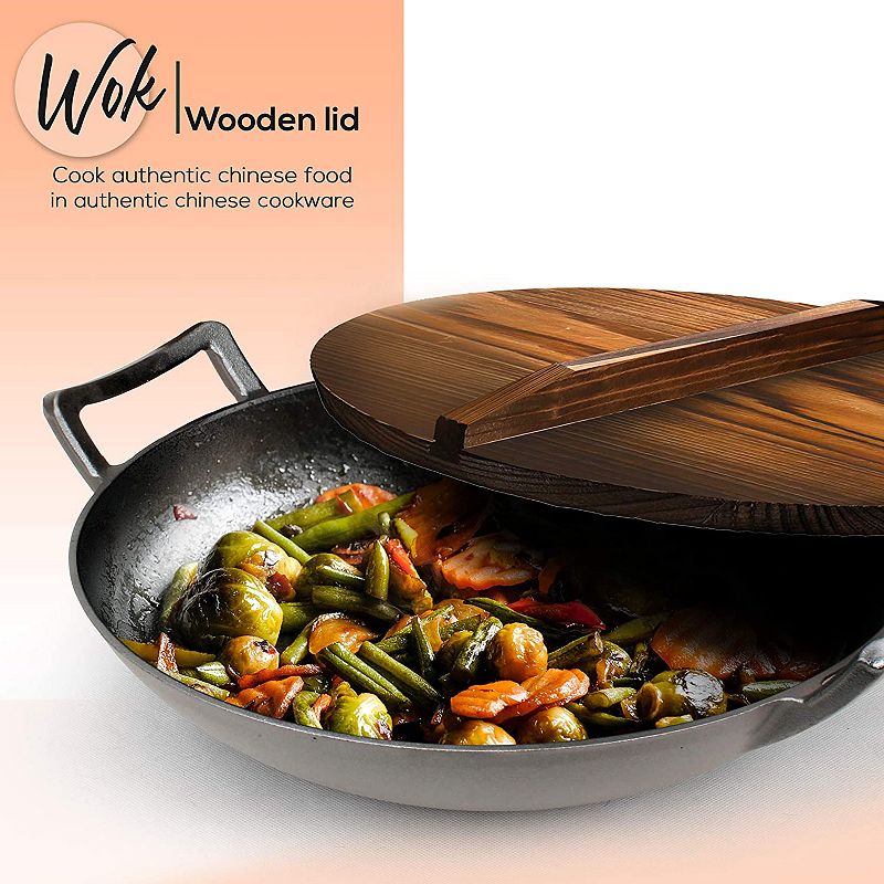 NutriChef Pre Seasoned Cooking Wok Cast Iron Stir Fry Pan with Wooden Lid， Black