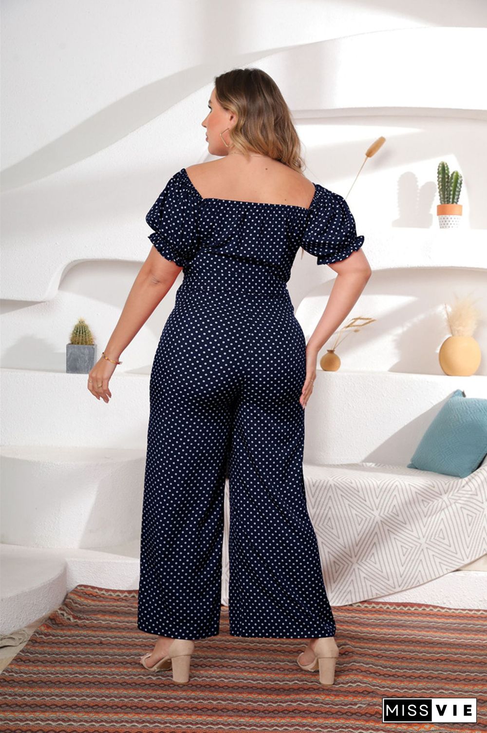 Dot Print Short Sleeve Slash Neck Wide Leg Jumpsuit