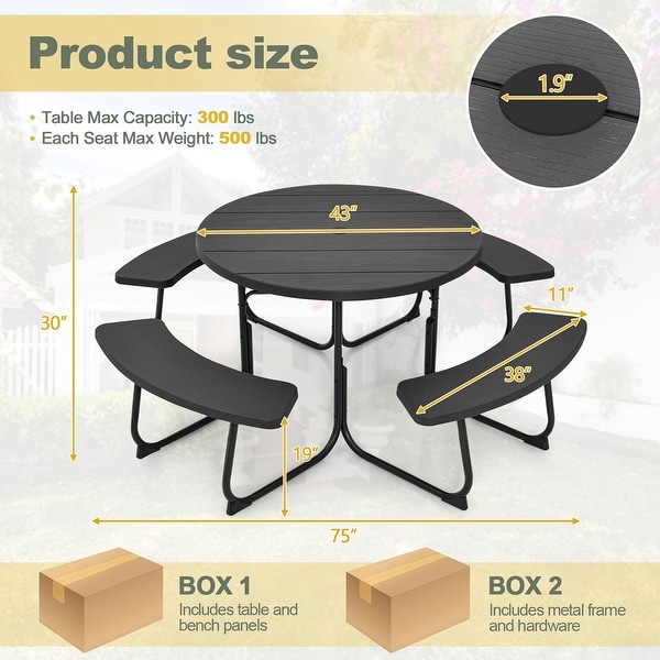 Costway Outdoor 8person Round Picnic Table Bench Set with 4 Benches and