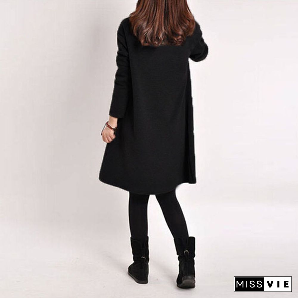 5 color Women Winter Long Loose Casual Cotton Pregnancy Dress Sleeve Pocket Tunic Tops