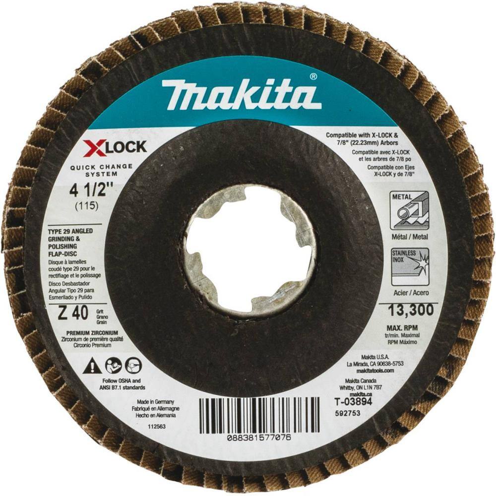 Makita X-LOCK 4‑12 in. 40 Grit Type 29 Angled Grinding and Polishing Flap Disc X-LOCK and All 78 in. Arbor Grinders (3-Pack) T-03894-3