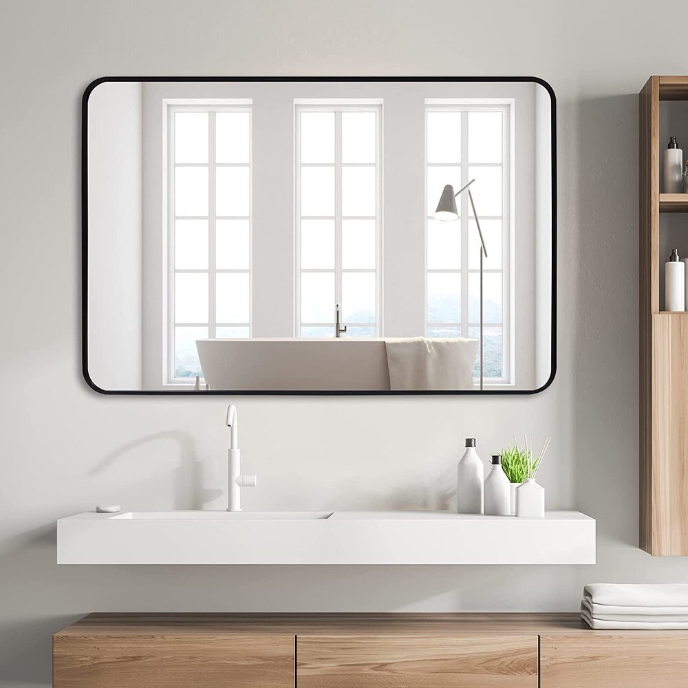 Inch Bathroom Wall Mirror for Vanity  Black Metal Frame Rectangular Mirror  Large Modern Round Corner Mirror