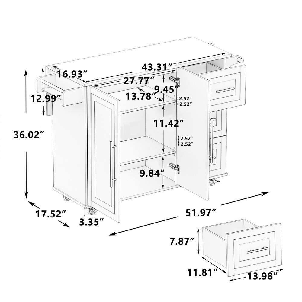 51.97 in. W Black Kitchen Island Cart with 2-Doors Cabinet and 3-Drawers with Spice Rack and Towel Rack KIBK-1181