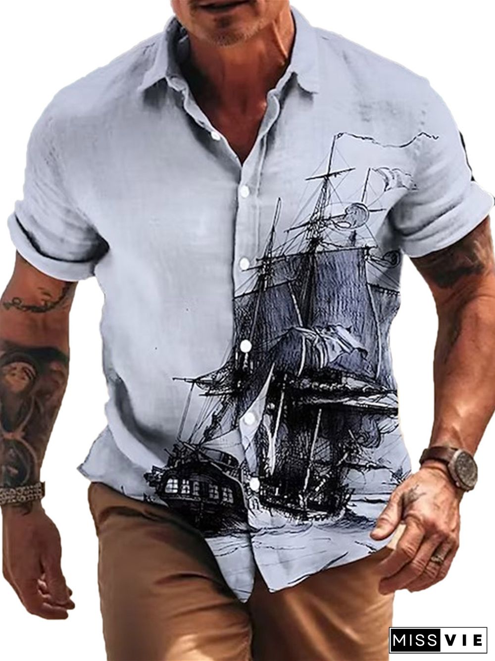 Men's Shirt Linen Shirt Graphic Prints Vintage Sailboat Turndown Lake blue Blue Orange Green Khaki Outdoor Street Short Sleeves Print Clothing Apparel Linen Fashion Designer Casual Soft