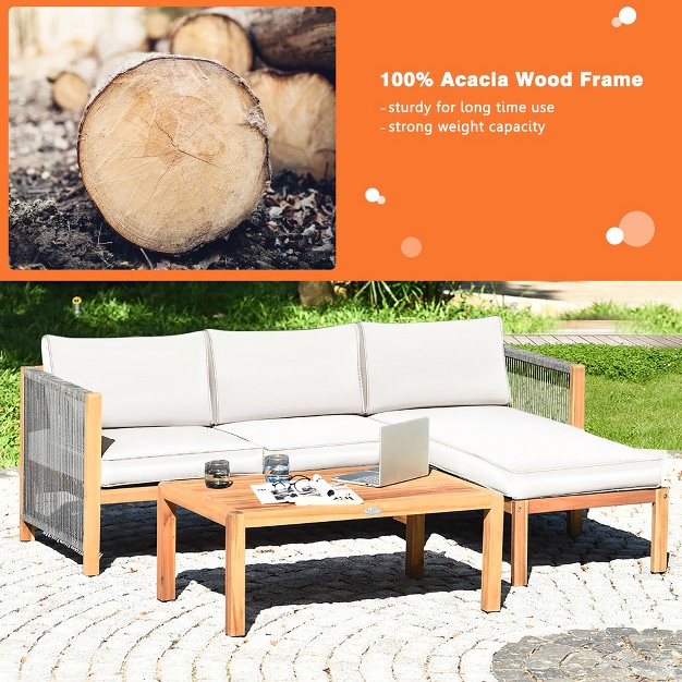 Costway 3pcs Patio Acacia Wood Sofa Furniture Set Thick Cushion W nylon Rope Armrest