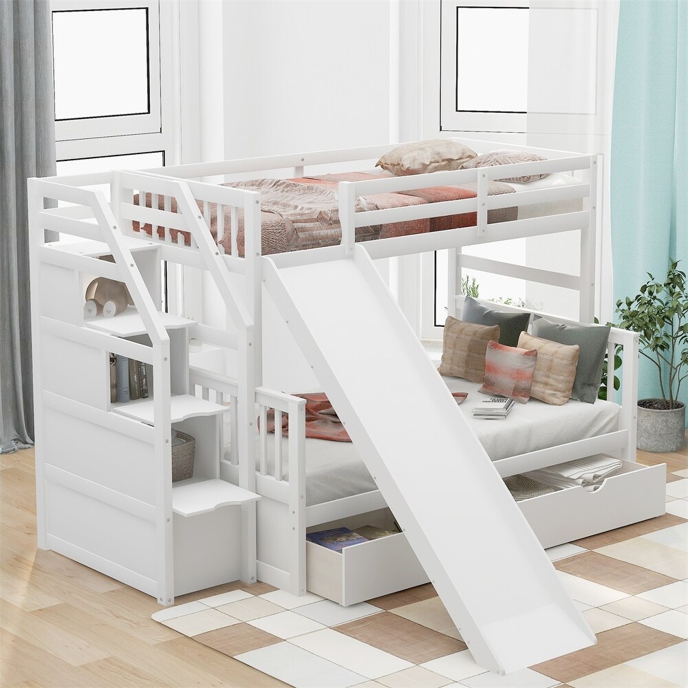 Merax Twin over Full Bunk Bed with Slide  Drawers  Storage Stair for Kids