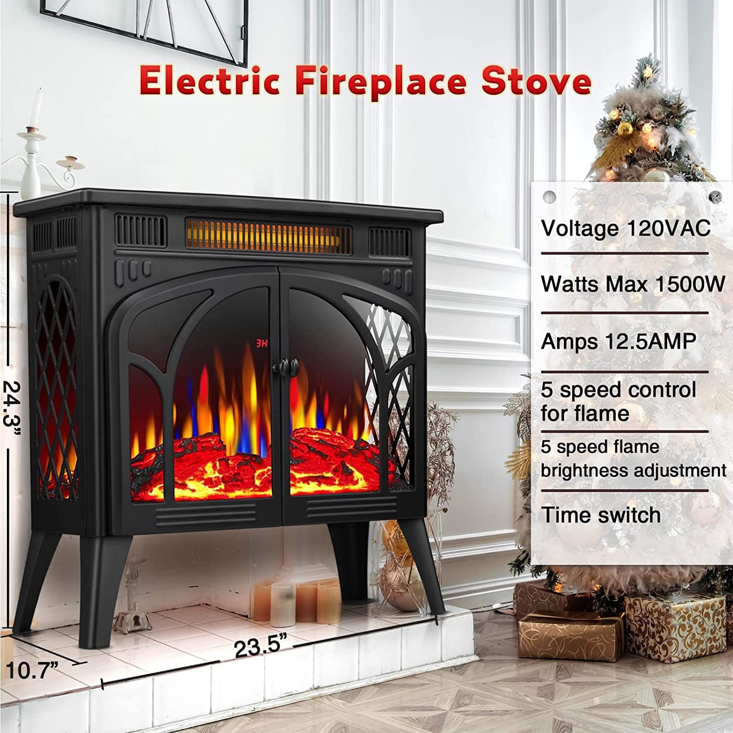 R.W.FLAME Electric Fireplace-Fireplace Stove with 3D Flame Effect Freestanding Portable Electric Fireplace Stove Heater with Remote Control (Black)