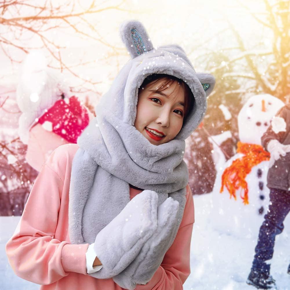 3 In 1 Winter Hats For Kids， Children Cartoon Warm Plush Hat With Scarf Pocket Hooded， Toddler Scarf Set For Girls(grey) 88.6'' X 5.9'' -