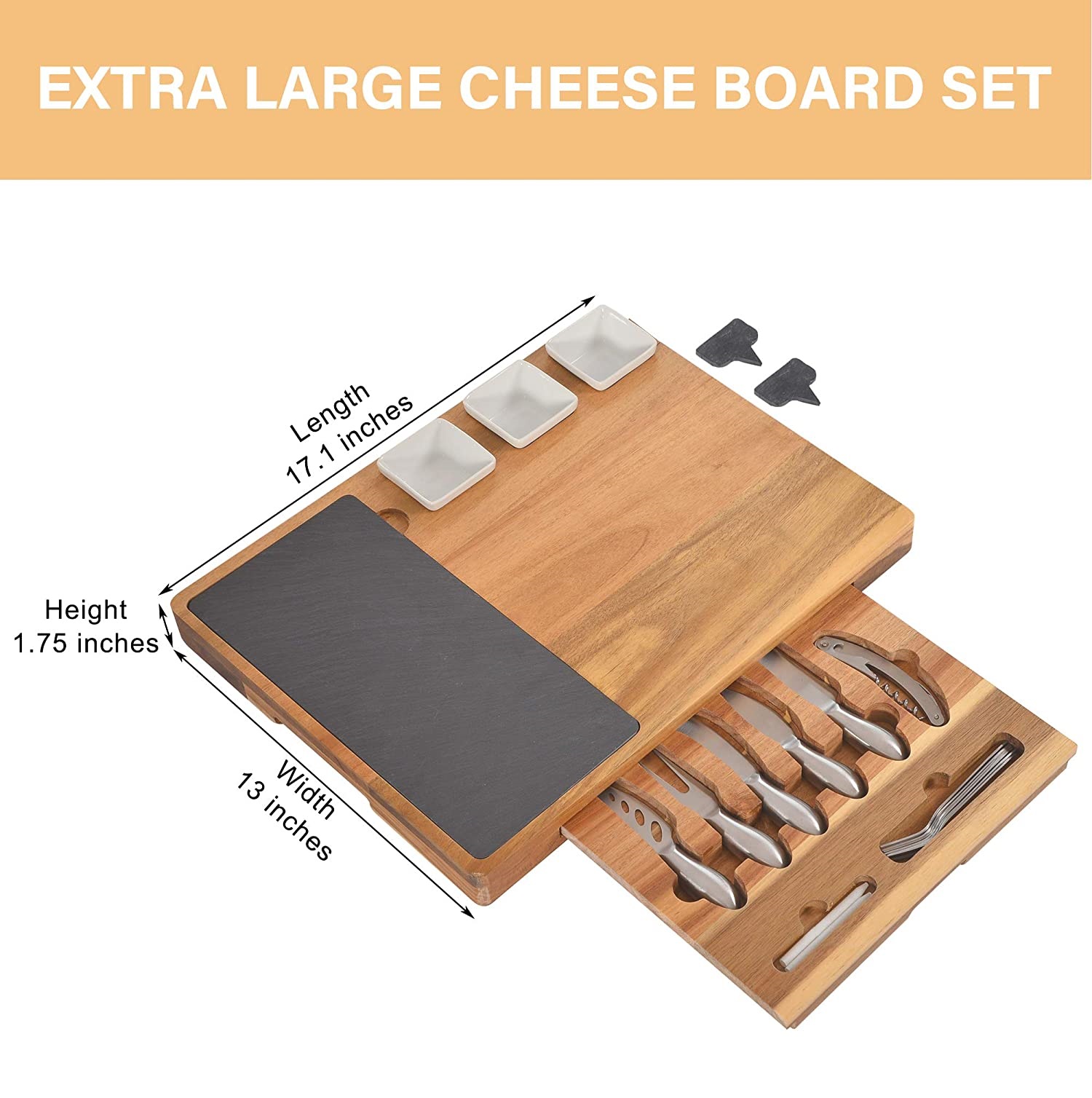 Large Charcuterie Board Set， 21-Piece Cheese Board and Knife Set，  Acacia Wood and Slate Serving Tray for Meat， Wine and Cheese， Perfect Choice for Wedding Birthdays Christmas