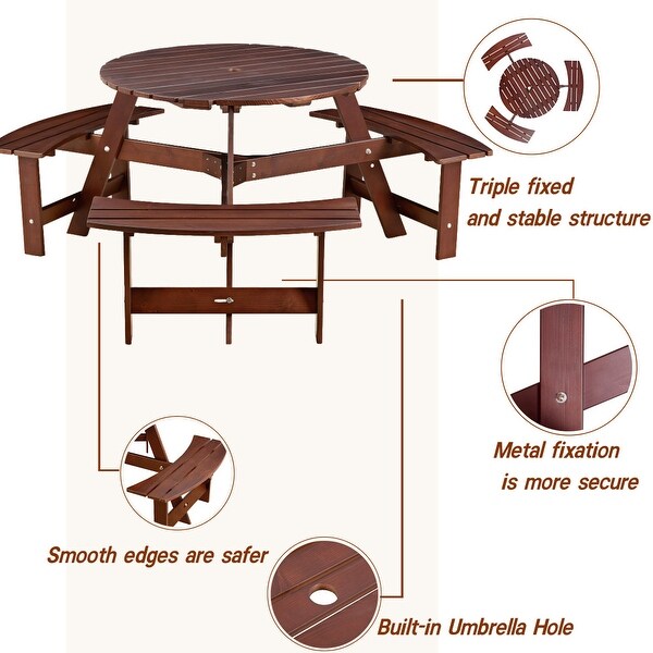 63'' 6Person Outdoor Patio Round Wood Metal Picnic Table with 3 Builtin Benches and Umbrella Hole