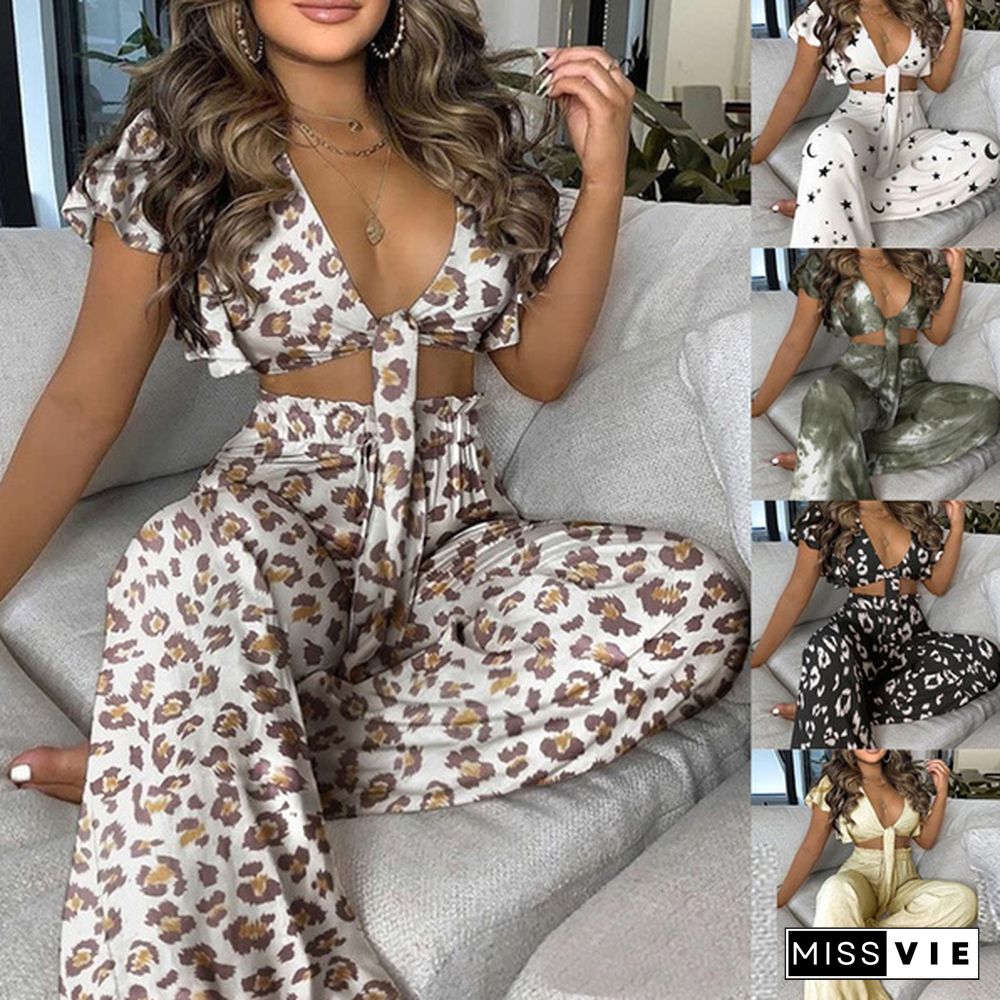 Women Summer Print Crop Top Sleeveless Wide Leg Pants Suit Two Piece Set High Waist Outfit Casual Beach