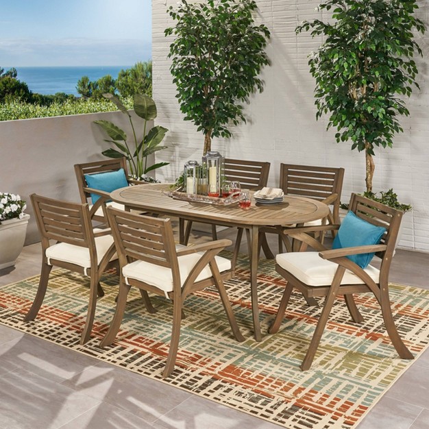 Hermosa 7pc Acacia Wood Oval Dining Set Gray cream Christopher Knight Home