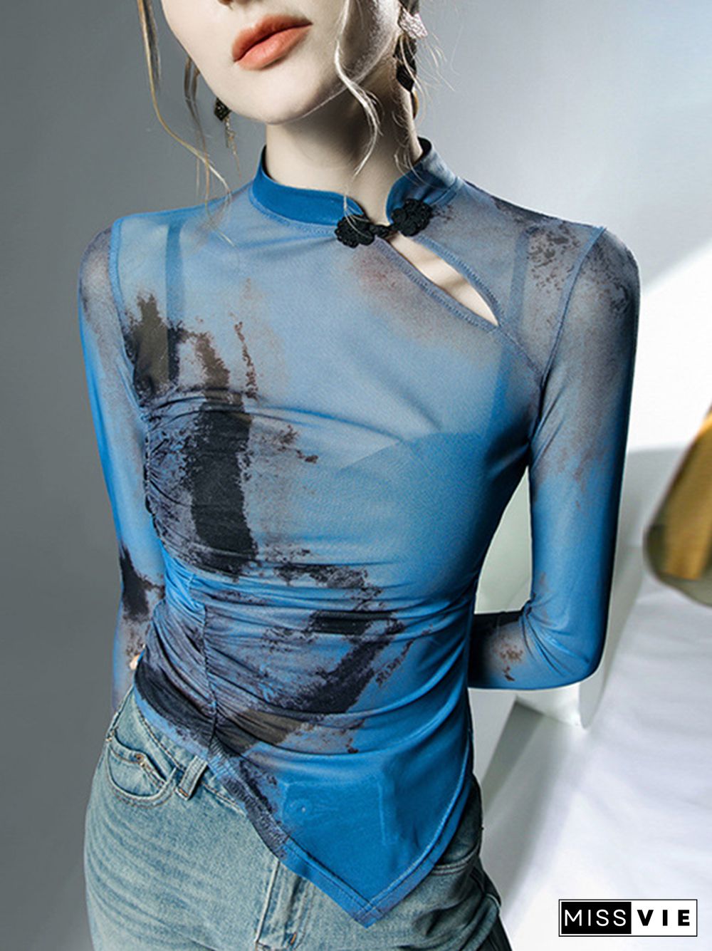 Long Sleeves Plus Size Asymmetric Hollow Mesh See-Through Wash Painting Mock Neck T-Shirts Tops