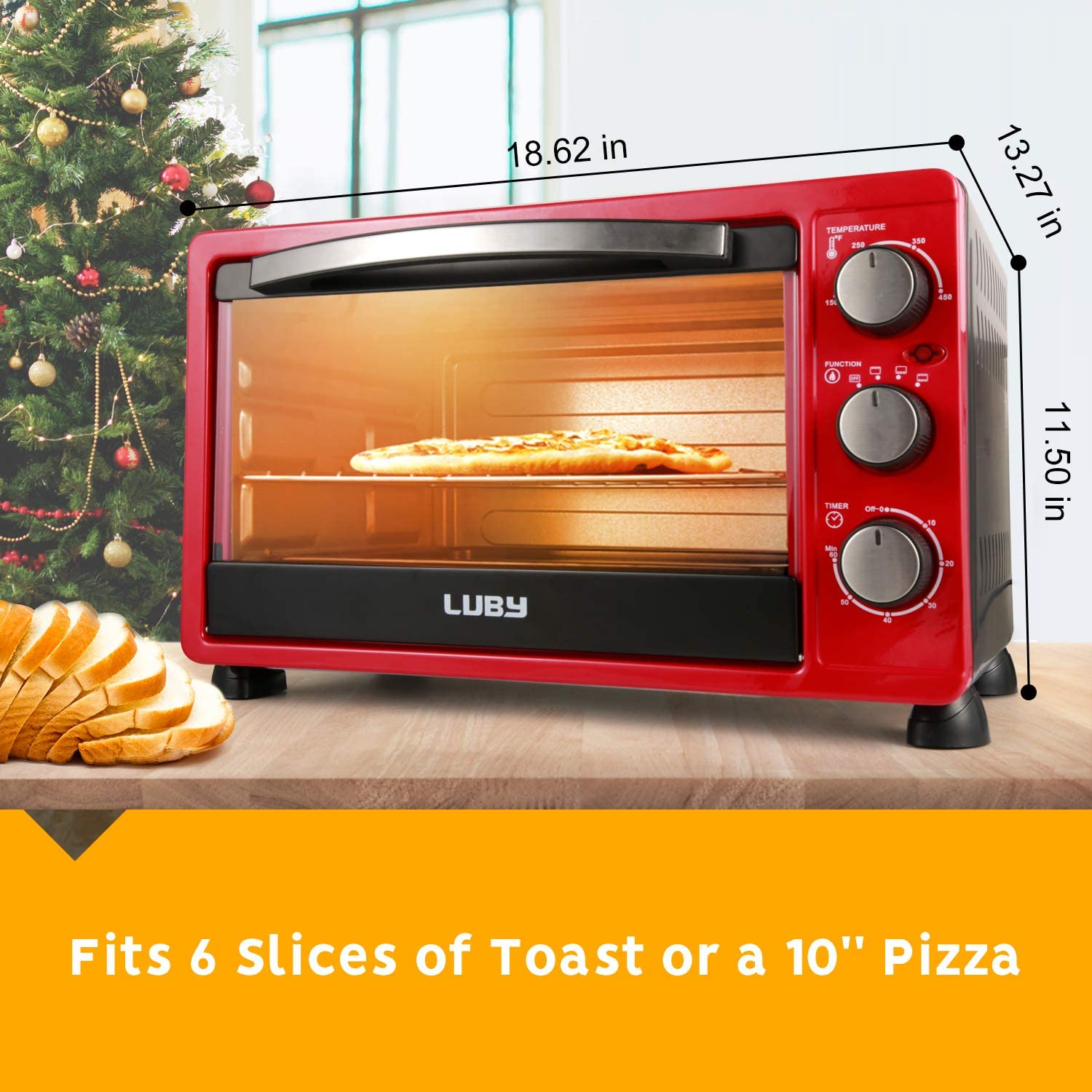 LUBY Convection Toaster Oven with Timer， Toast， Broil Settings， Includes Baking Pan， Rack and Crumb Tray， 6-Slice， Red