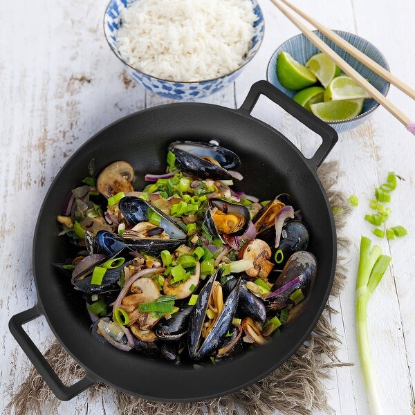 14 Inch Cast Iron Wok with Wood Lid