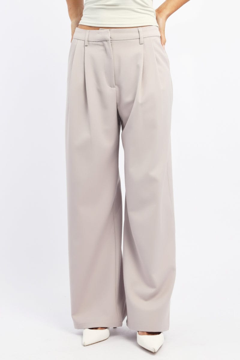 Beige Wide Leg Pants High Rise