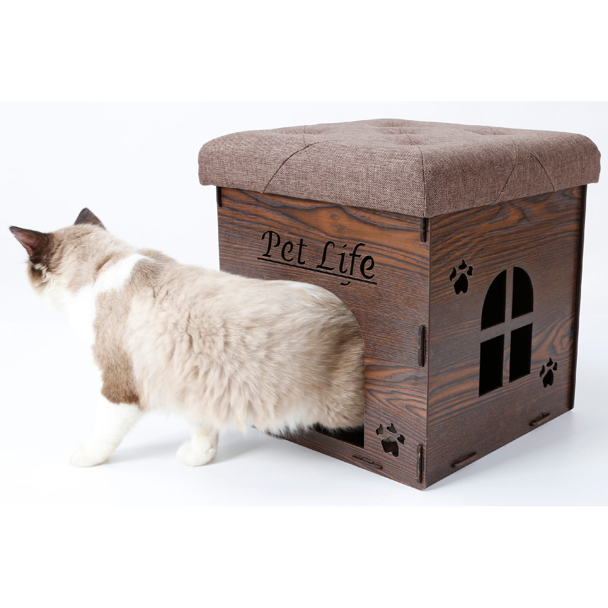 Pet Life Brown Foldaway Collapsible Designer Cat House Furniture Bench， 15.74