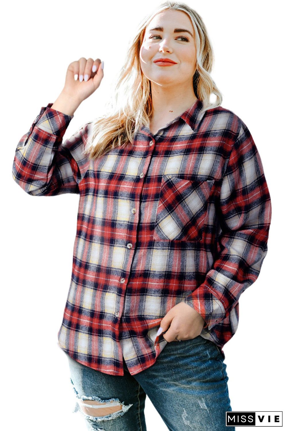 Red Plus Size Plaid Pattern Shirt