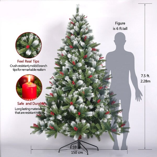 Green UltraRealistic Flocked Pine 7.5ft Christmas Tree with Cones and Red Berries，Festive Home Decor