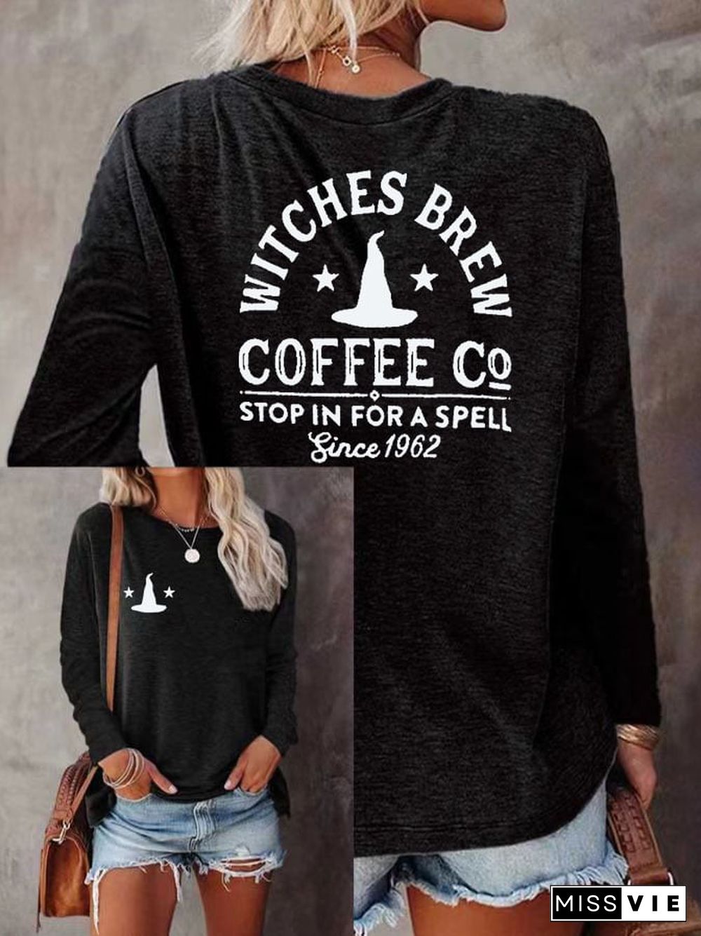 Witches Brew Coffee Co Stop In For A Spell Since 1962 Women'S Printed Long Sleeve T-Shirt