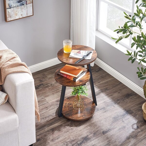 Round End Table Side Table with Metal Frame，Rustic Brown