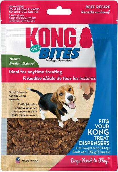 KONG Mini Bites Beef Recipe Grain-Free Dog Treats， 5-oz pouch