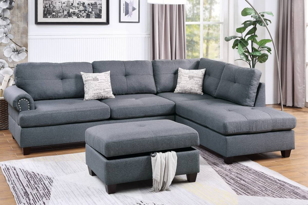 Leiden 3 Piece Linen Like Fabric Reversible Sectional With Ottoman  Blue Gray   Transitional   Sectional Sofas   by Hollywood Decor  Houzz