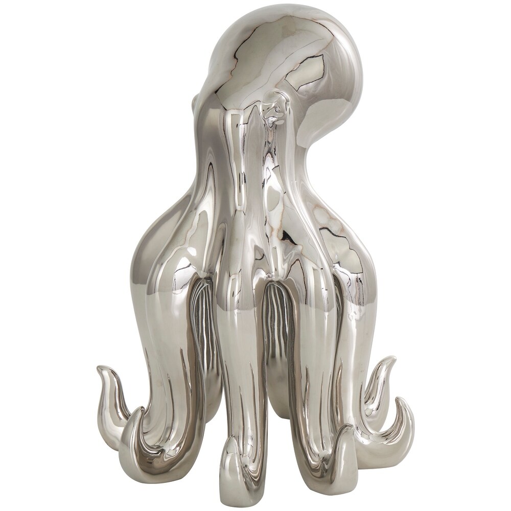 Silver Ceramic Tall Standing Octopus Sculpture