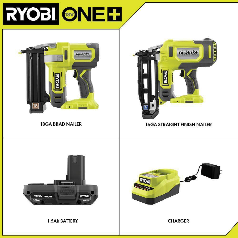 RYOBI ONE+ 18V Cordless 18-Gauge AirStrike Brad Nailer Kit with 16-Gauge AirStrike Finish Nailer 1.5 Ah Battery and Charger PCL1202KN1