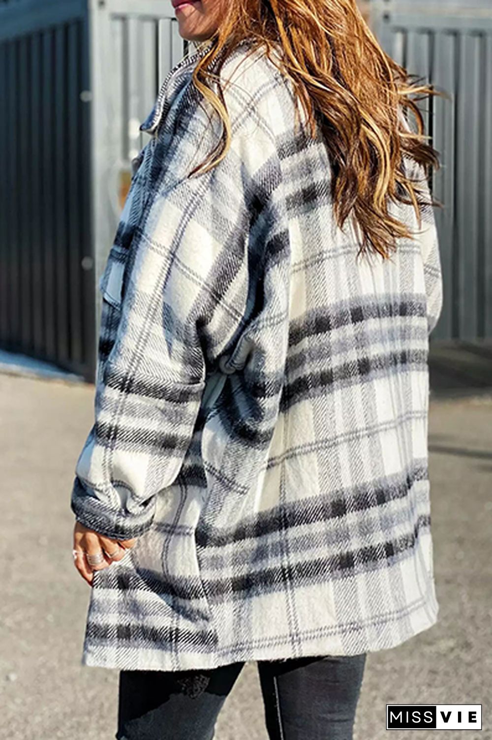 Plaid Lapel Hem Slit Loose Coat