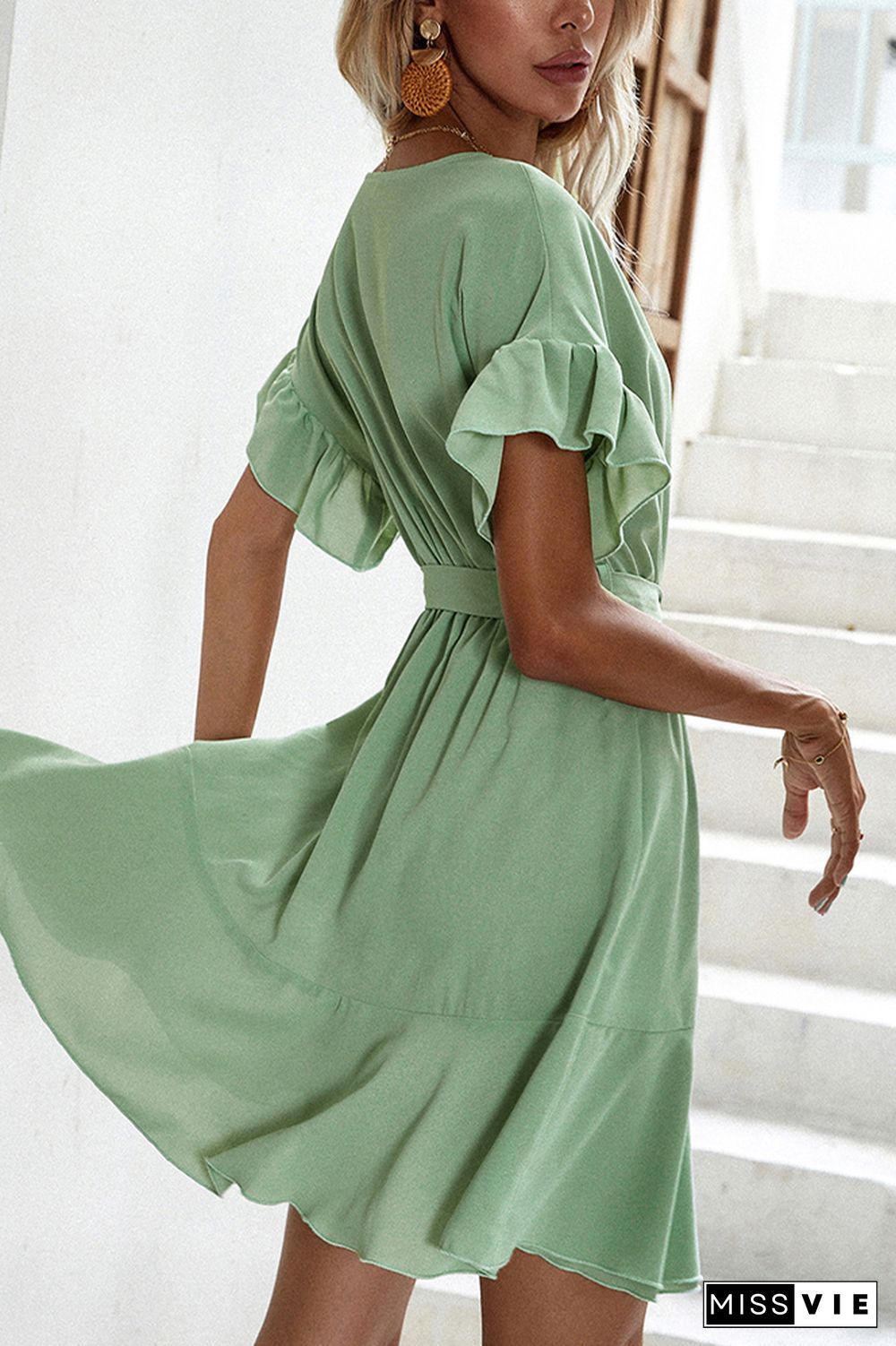 Ruffles Short Sleeve Midi Dress With Belt Wholesale