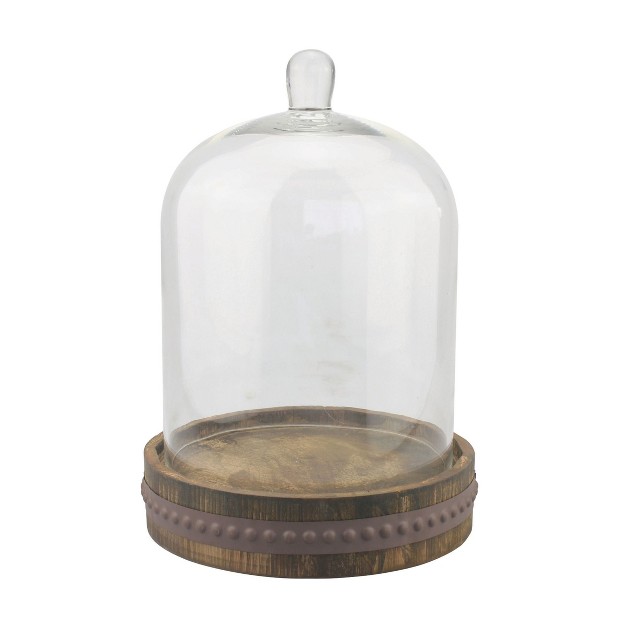 Glass Bell Cloche With Rustic Wood And Metal Base Brown Stonebriar Collection