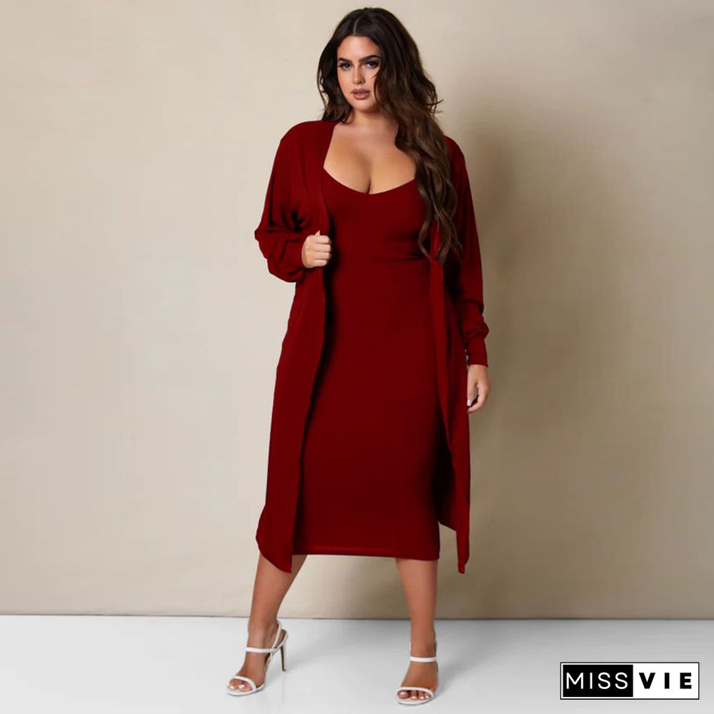 Long Sleeve Loose Long Cardigan Midi Dress Sets