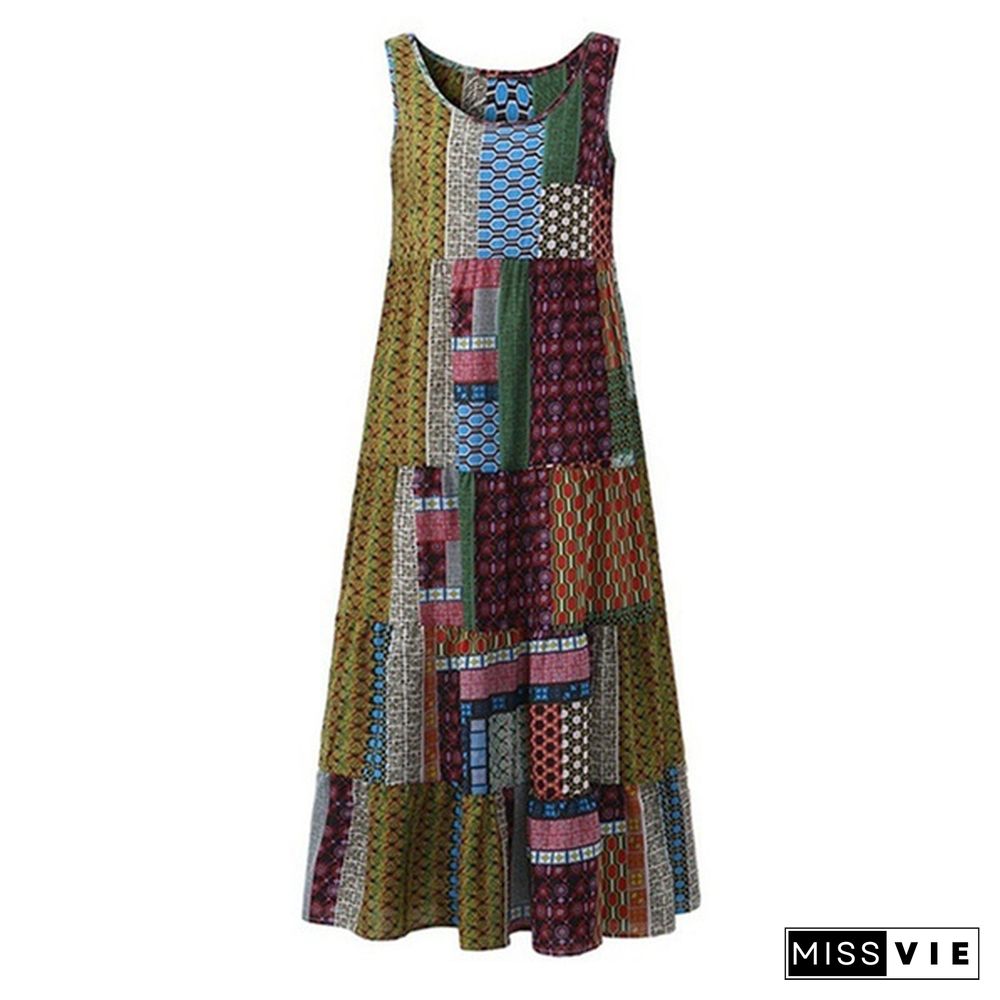 Womens Patch Print Loose Vest Dress Kaftan Sleeveless High Waist Sundress Oversized Casual Hippie Summer Trendy Fashion