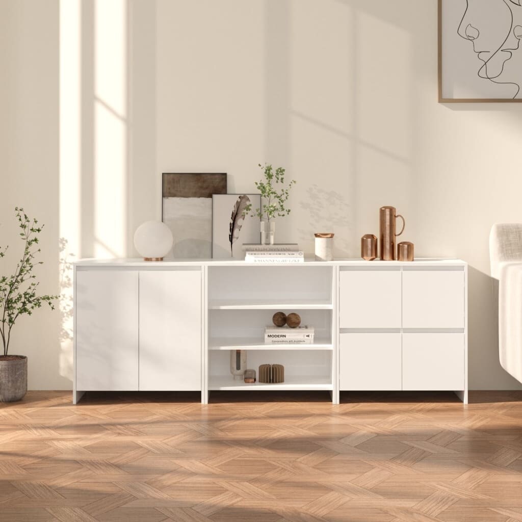 3 Piece Sideboard High Gloss White Engineered Wood