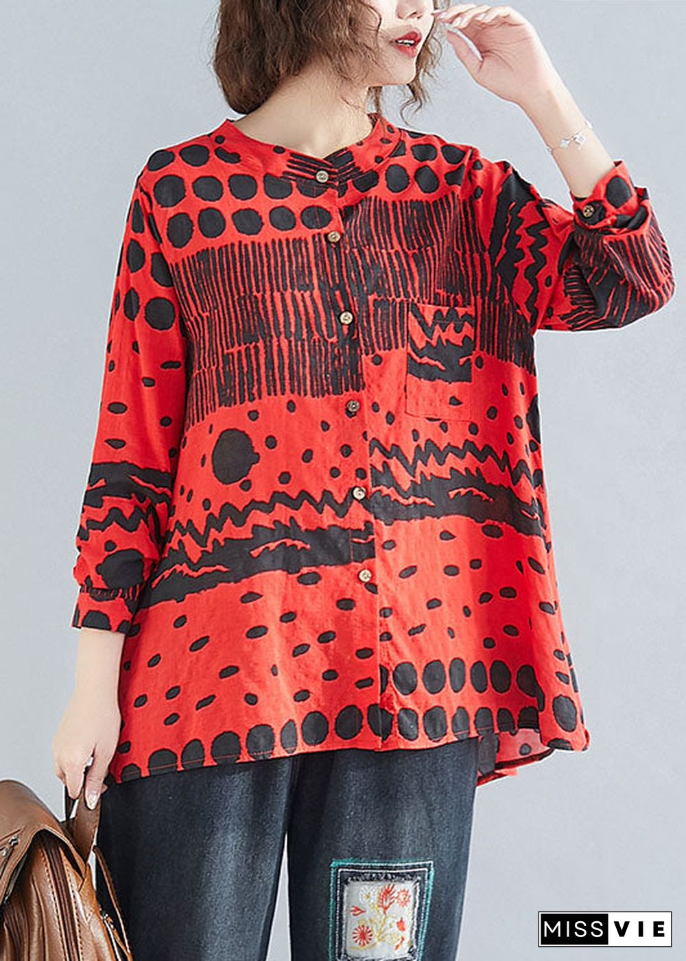 Boho Red O-Neck Button Print Pockets Fall Blouses Long sleeve