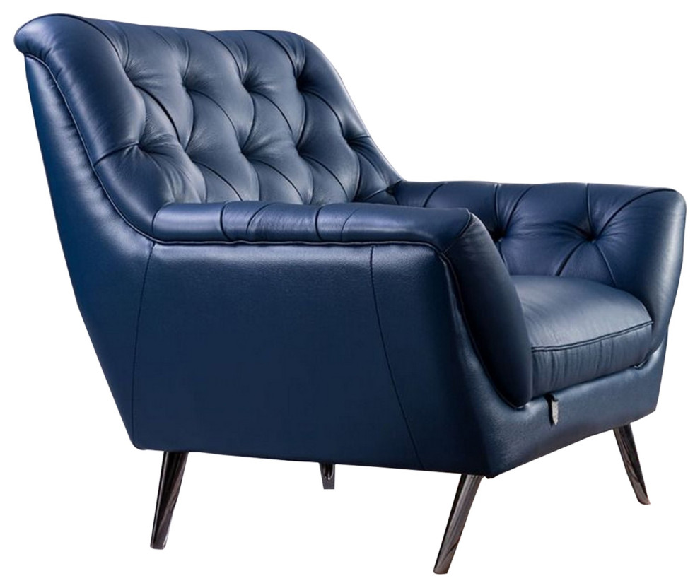 Contemporary Button Tufted Leather Chair With Metal Legs  Navy Blue   Midcentury   Armchairs And Accent Chairs   by VirVentures  Houzz