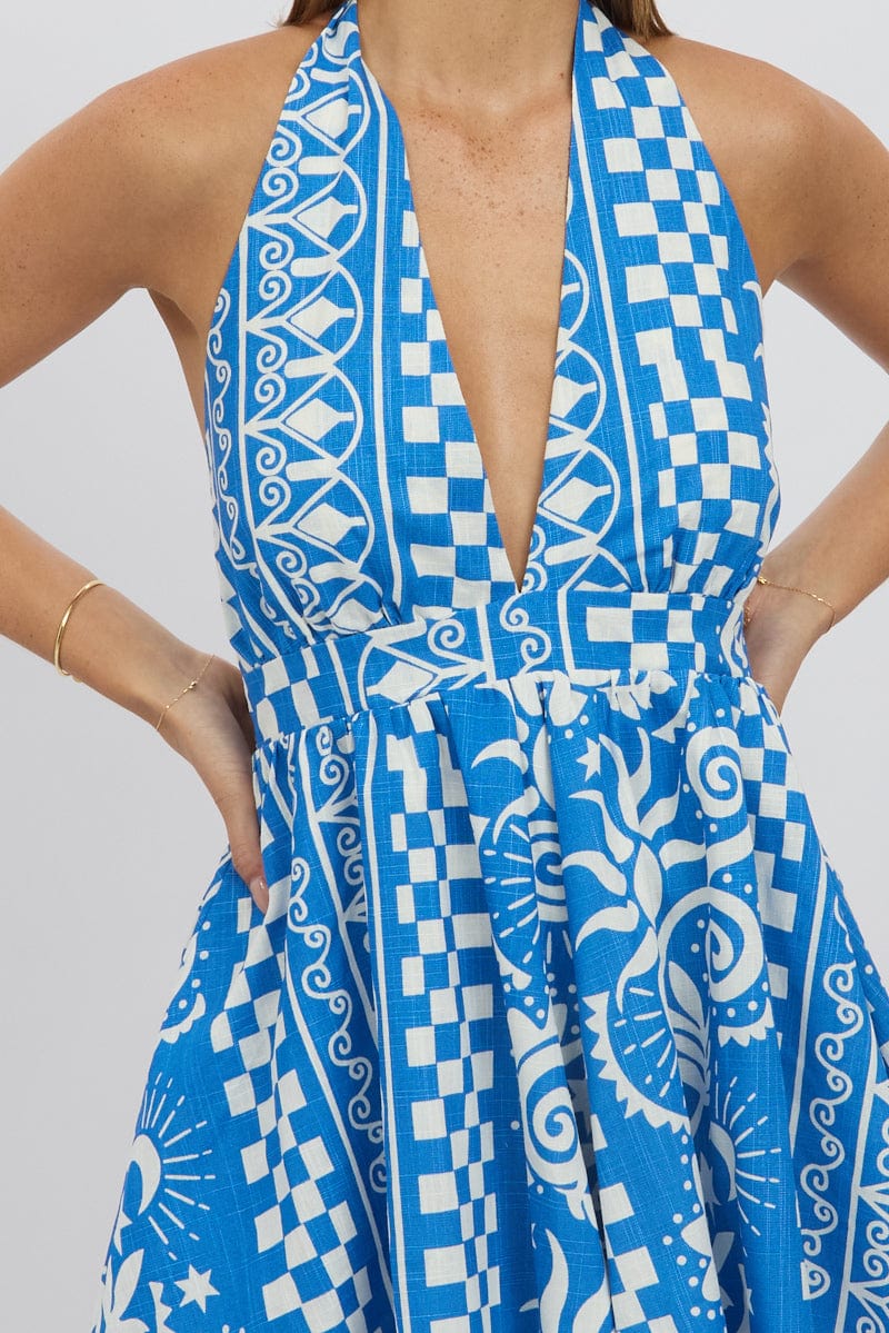 Blue Abstract Playsuit Halter Neck