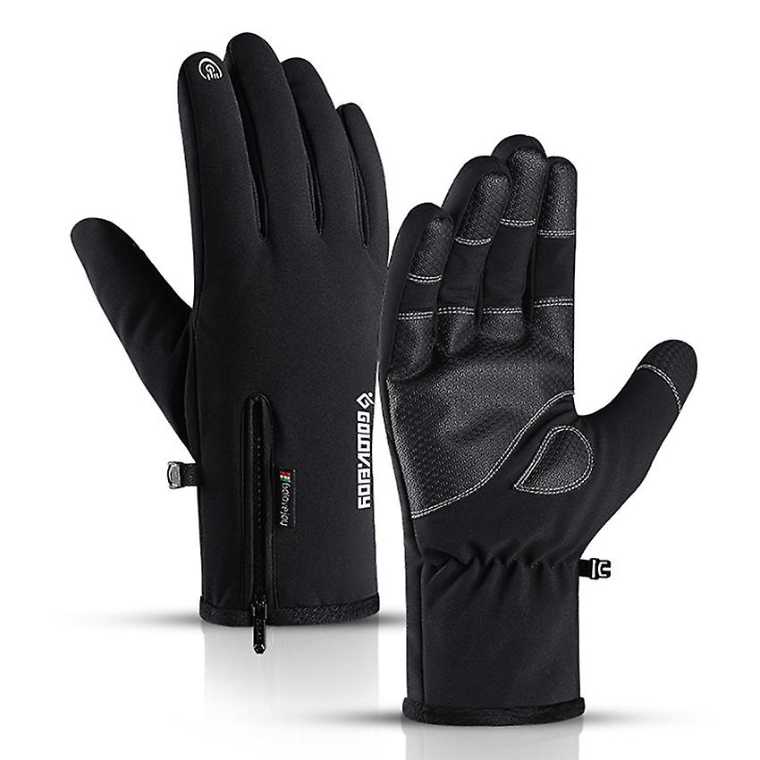 Winter Waterproof Gloves Windproof Anti-slip Zipper Large Men Sport Riding Skiing Warm Fluff Comfortable Black Gloves Thickening